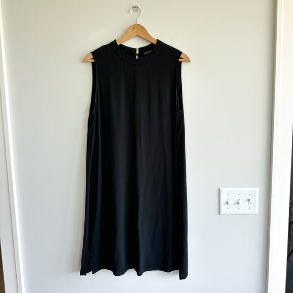 Eileen Fisher Silk Georgette Crepe Round Neck Dress Black LP - Picture 2 of 8